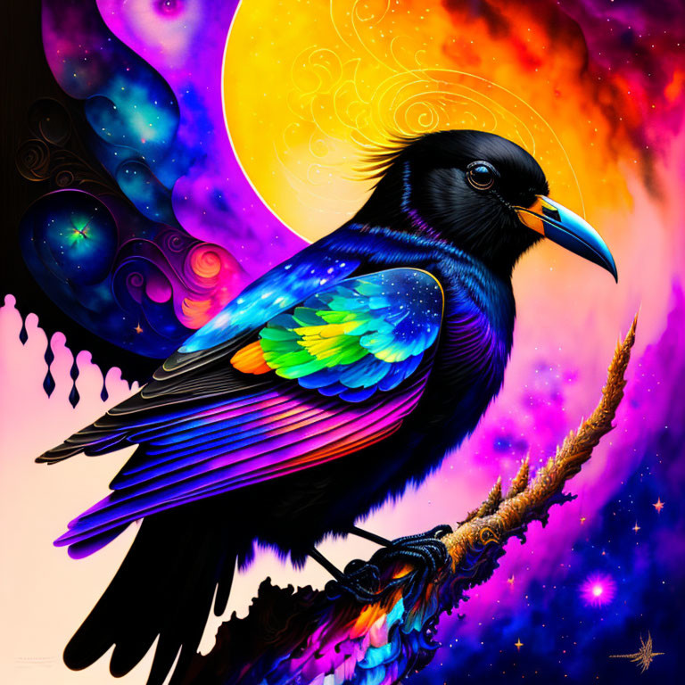 Colorful Blackbird Artwork with Cosmic Background