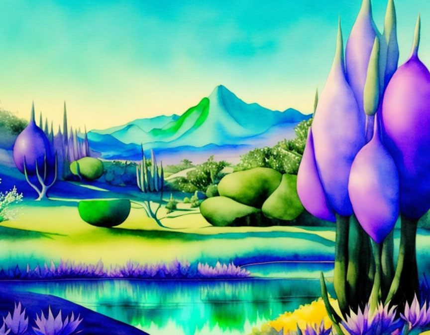 Surreal landscape: purple trees, green hills, blue river, distant mountain