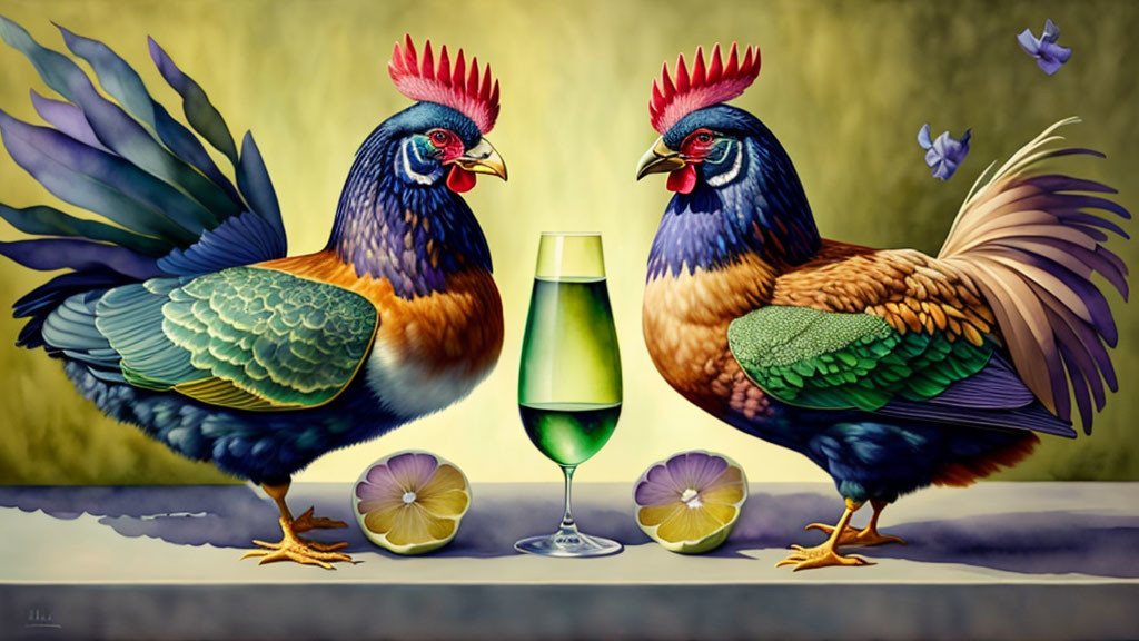 Colorful Anthropomorphic Roosters with Lemon and Butterflies on Table