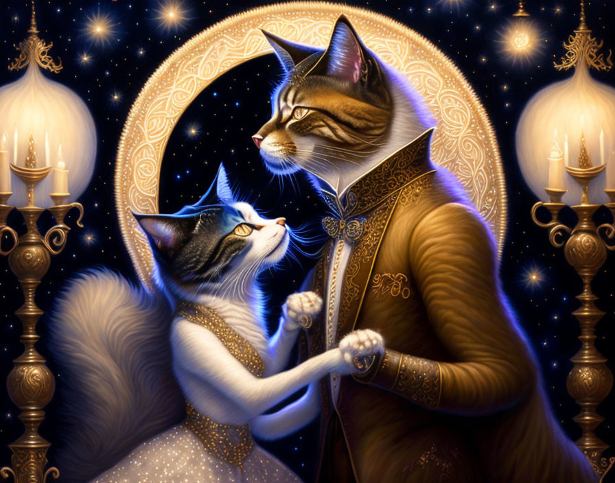 Anthropomorphic Cats in Regal Attire Under Starry Night Sky