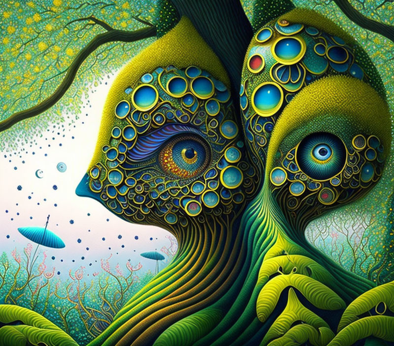 Colorful Surrealist Artwork: Two Peacock Entities in Fantastical Landscape