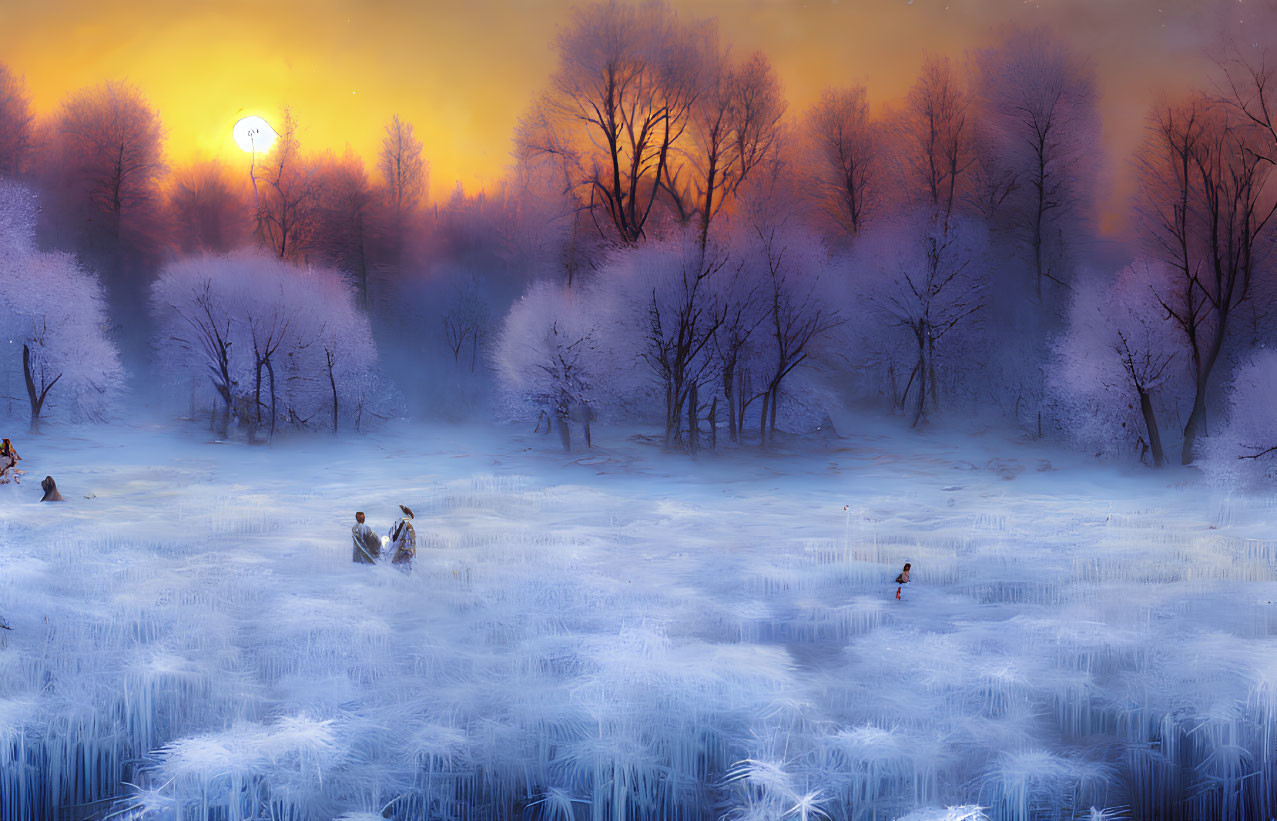 Frosty sunset landscape with icy trees and glowing sky