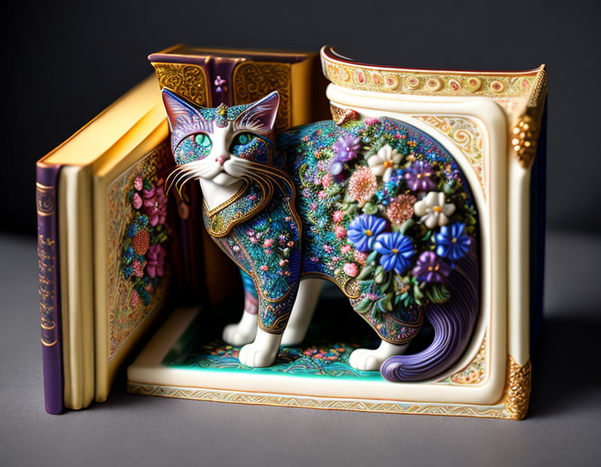 Colorful Porcelain Cat Figurine with Floral Patterns and Golden Spine Books