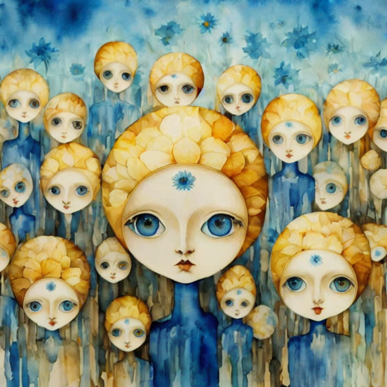 Surreal artwork: Multiple faces, large eyes, golden hair, blue floral background