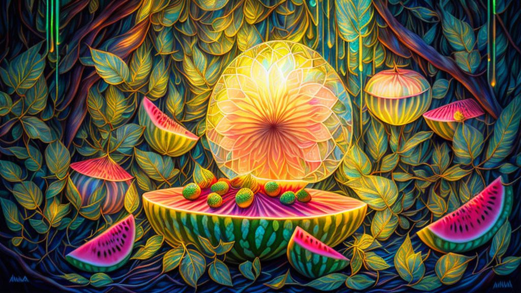 Colorful Psychedelic Artwork with Watermelon Slices and Glowing Orbs