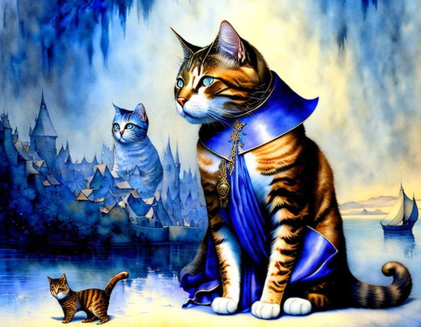 Illustration of three cats in blue cloak in fairy-tale landscape