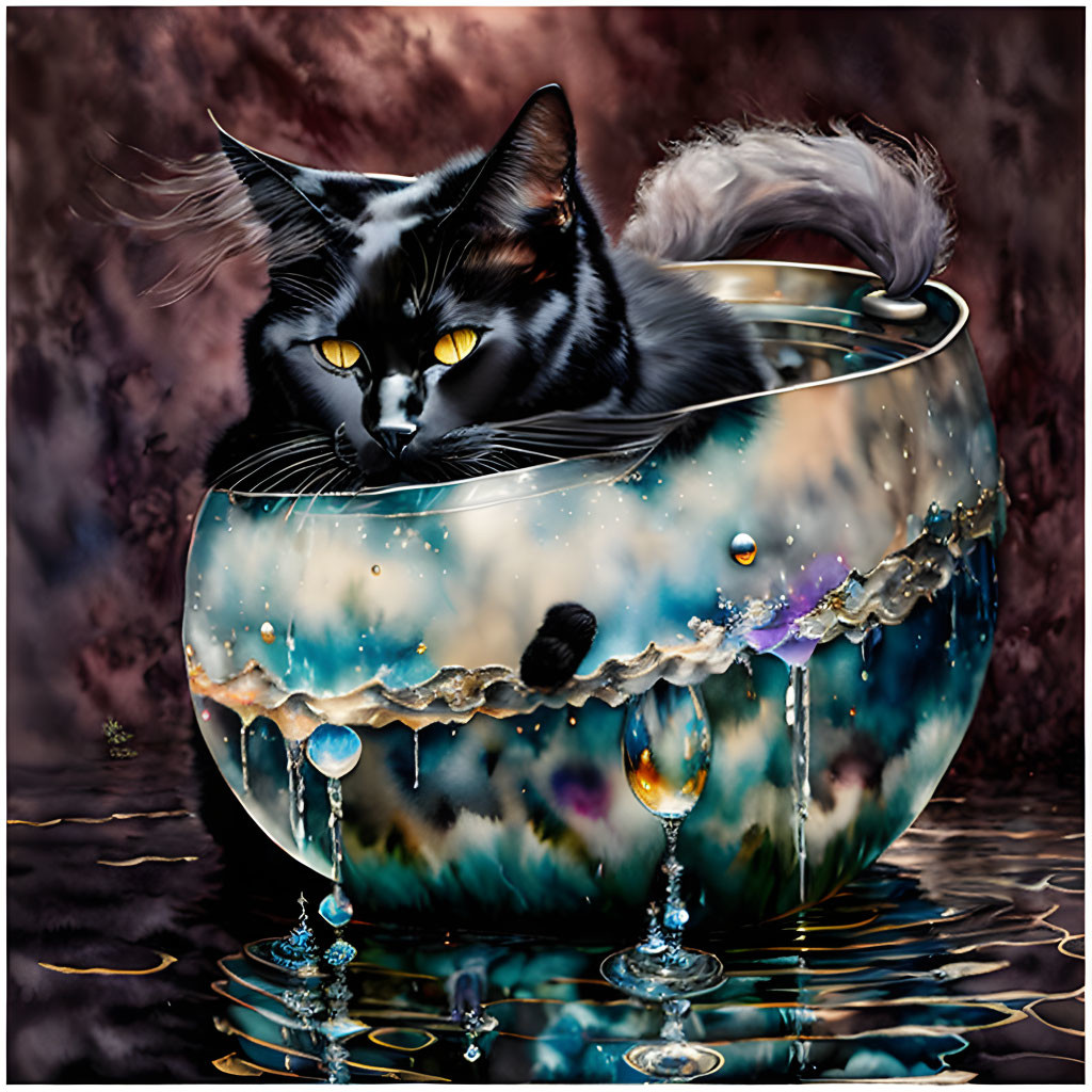 Black and white cat in overflowing water bowl on dark background