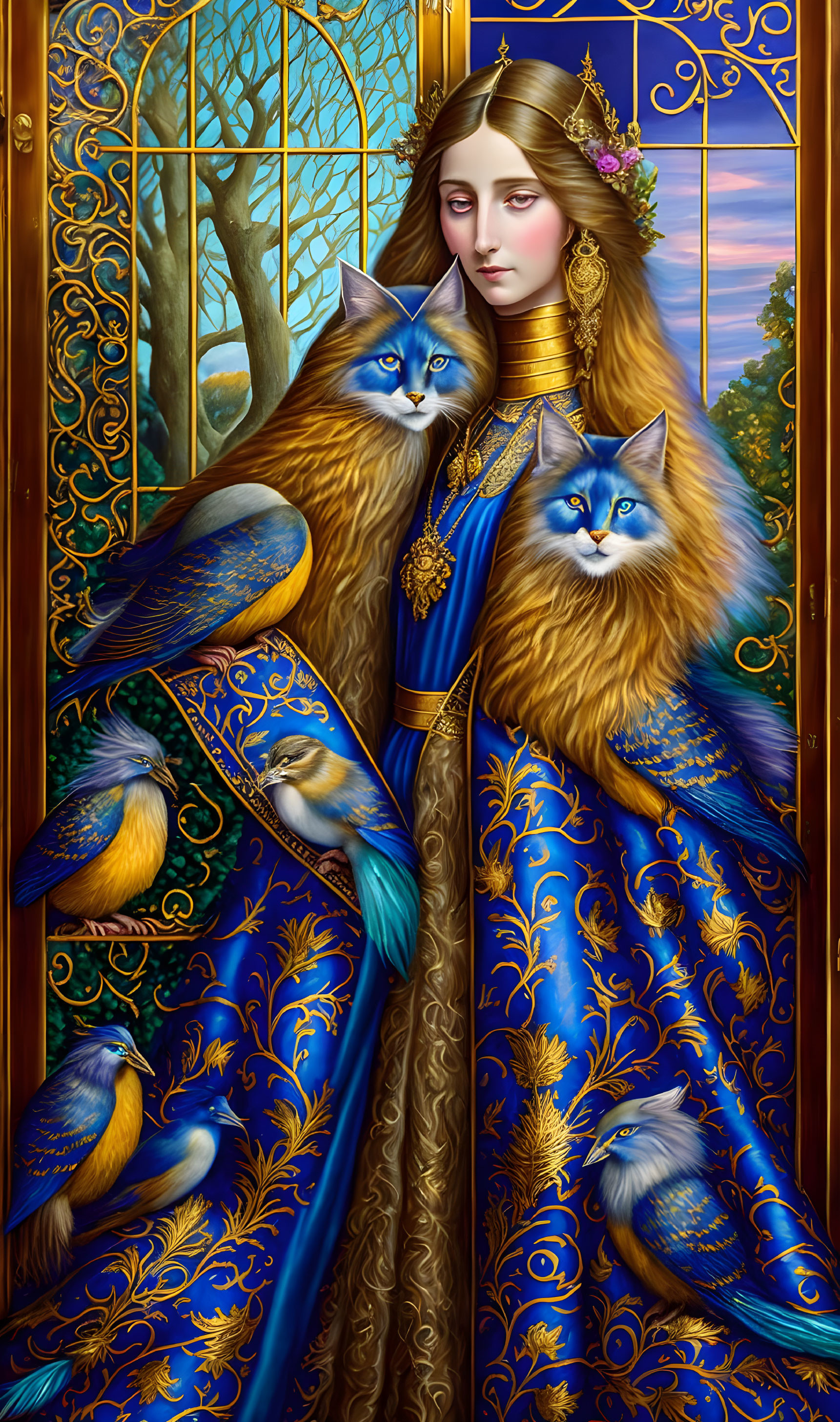 Woman in luxurious blue and gold gown with serene expression, accompanied by majestic blue cats and surrounded by birds