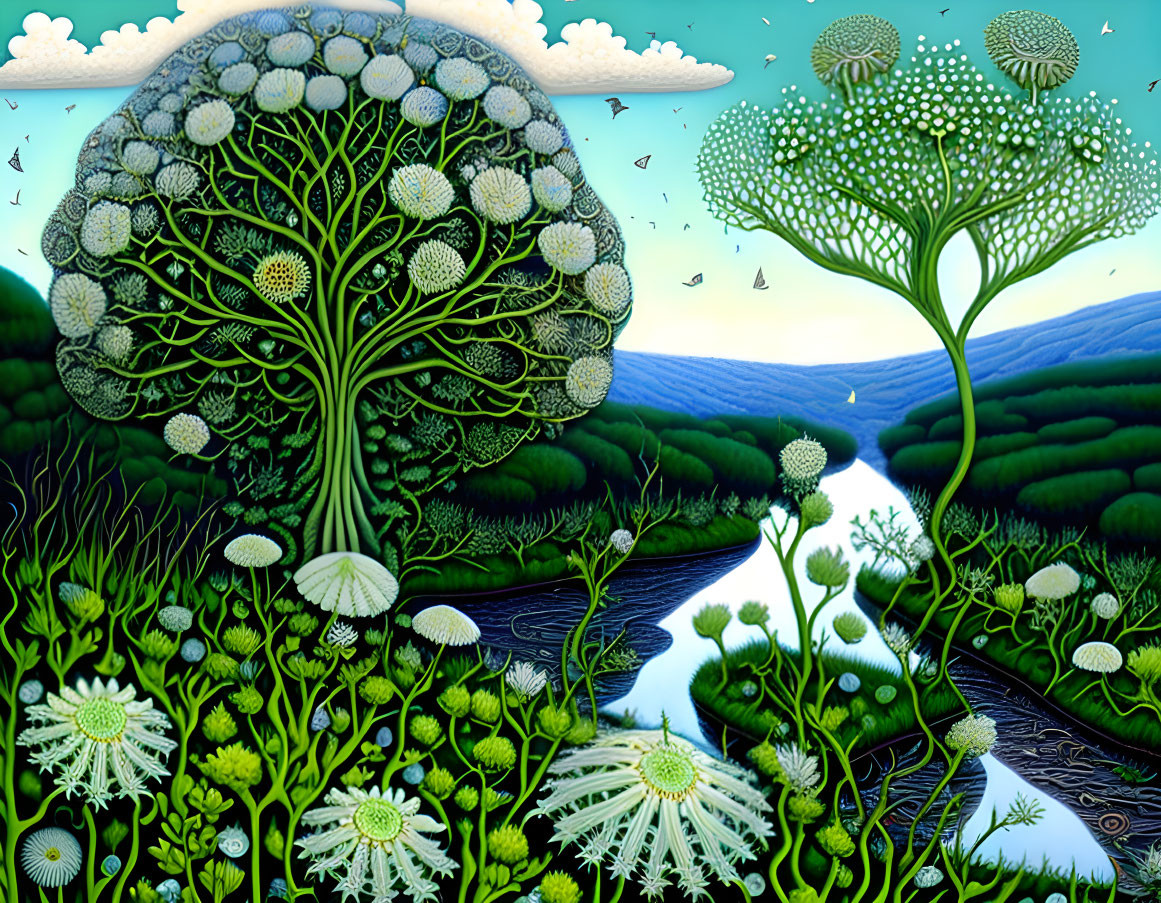 Fantastical landscape with oversized dandelion-like trees and stream