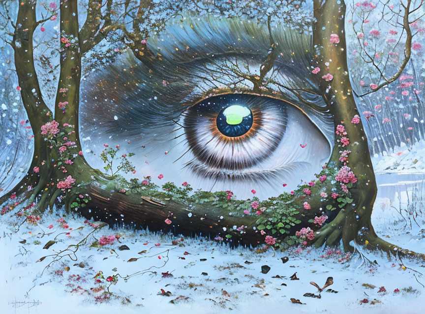 Surreal painting of giant eye in snowy landscape with pink trees