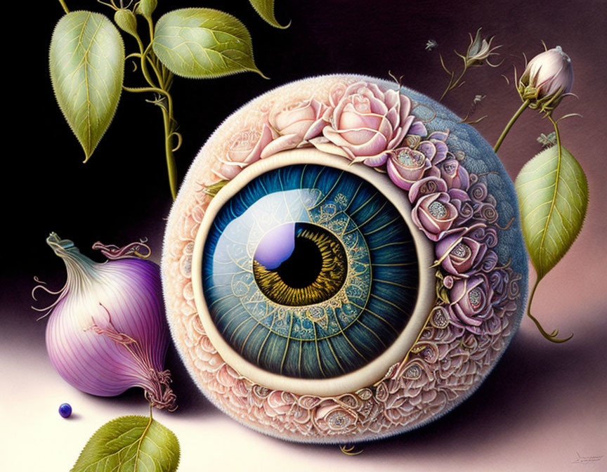 Detailed surreal illustration: human eye with floral patterns, roses, leaves on dark background