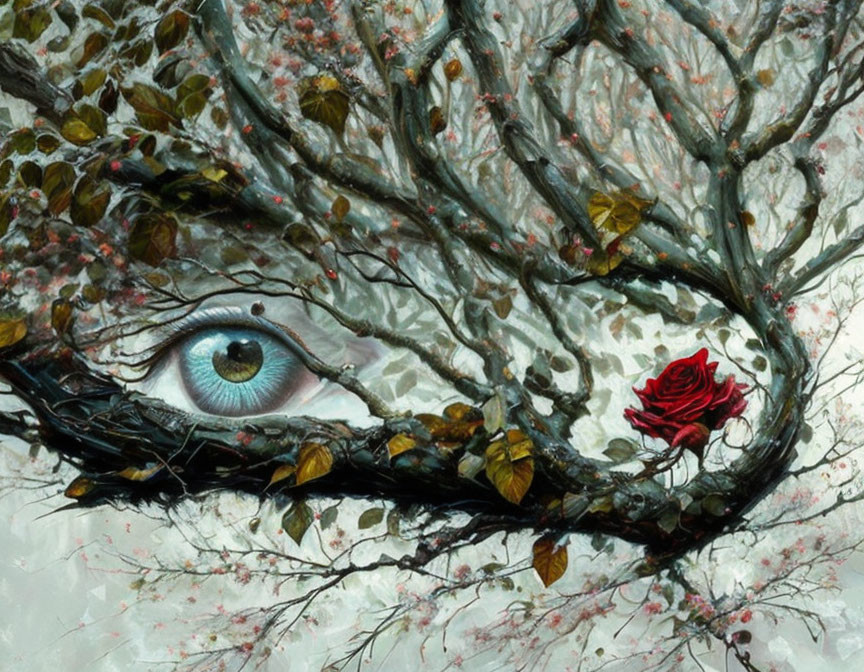 Surreal painting of blue eye merging with tree branches and red rose