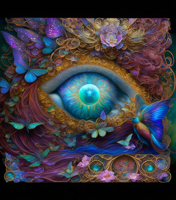 Colorful Artwork: Realistic Eye Surrounded by Floral and Butterfly Motifs