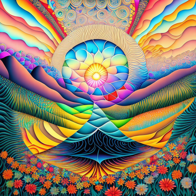 Colorful Psychedelic Sun Illustration with Fractal and Floral Elements