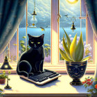 Black cat by window with cat-faced plant, twilight sky, flowers, and lanterns.