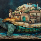 Giant turtle carries Mediterranean village on shell in dark setting