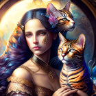 Serene woman surrounded by whimsical cats in ornate frame.