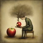 Person with Tree Head Contemplating Apple and Butterfly in Surreal Illustration