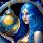 Blue-haired woman with celestial orb in cosmic setting and golden jewelry.