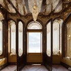 Intricate Swirling Staircase in Grand Hall with Gothic Windows