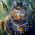 Realistic painting of long-haired tabby cat with fish in focus