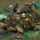 Intricately designed steampunk turtle with bird on whimsical background