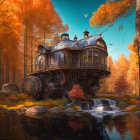 Steampunk-style house on wheels in autumnal forest with tranquil stream