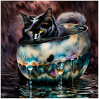 Black and white cat in overflowing water bowl on dark background