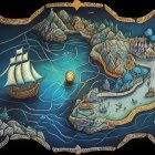 Detailed Fantasy-Style Map with Islands, City, Sailboats, and Decorative Border