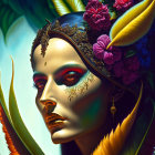 Colorful portrait of woman with floral and feather headdress and decorative forehead piece.