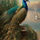 Colorful peacock against golden seascape with sailing ship