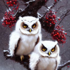 Snowy owls perched on branch with red berries and snowflakes on gray backdrop