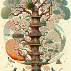 Fantastical tree illustration with whimsical houses and colorful flora