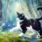 Majestic black and white cat in whimsical forest with glowing dandelions