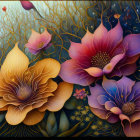 Colorful floral artwork with purple, pink, and orange flowers on textured background