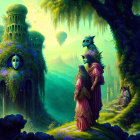 Woman in purple dress with bird-like creature in vibrant fantasy landscape