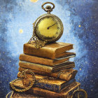 Antique pocket watch on leather-bound books with starry backdrop