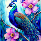 Colorful Peacock Illustration with Iridescent Feathers and Flowers on Branch