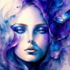 Colorful woman's face in cosmic purple hues with stars and butterflies.