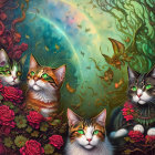 Whimsical cats with vibrant roses in dreamlike setting