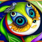 Colorful surreal painting with intricate eyes, smiling moon, and checkerboard bird