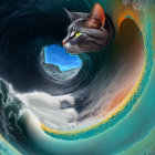 Surreal image: Cat-shaped wave approaching sailing ships