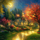 Charming village with glowing cottages and cobblestone path