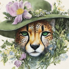 Leopard Face with Floral Hat and Butterflies Artistic Fusion