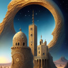 Surreal fantasy landscape with ornate towers in massive ring structure