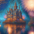 Fantasy castle reflected in water with fireworks and boats at night