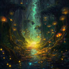 Enchanting forest with glowing mushrooms, fireflies, moss-covered floor, and mysterious light.