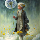 Young girl in vintage attire with oversized dandelion in blooming flower field