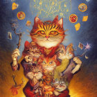 Anthropomorphic cat in ornate robes juggling Tarot cards with mystical symbols and celestial backdrop