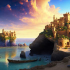 Fantasy sandcastle city by the ocean with towers, boat, and dramatic sunset sky